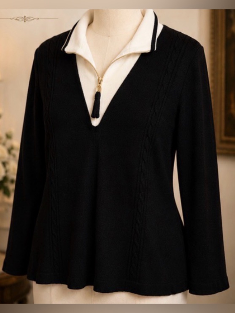 St. John - Santana Knit- Black and Cream Polo style - sweater with Long Sleeves - Picture 8 of 8